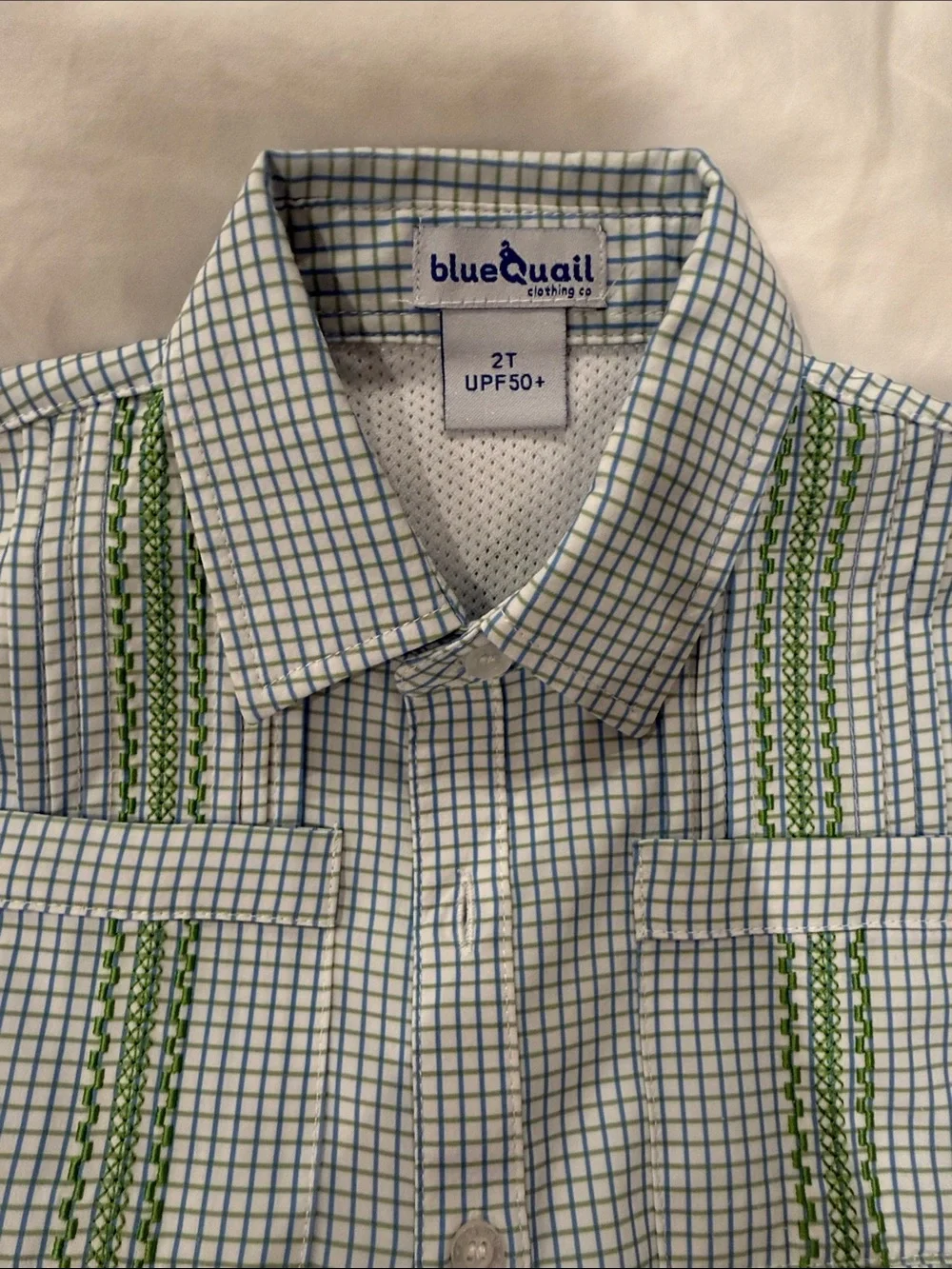 Blue Quail - Boys' Light Blue Checked Short Sleeve Shirt with Green Trim - Picture 3 of 5